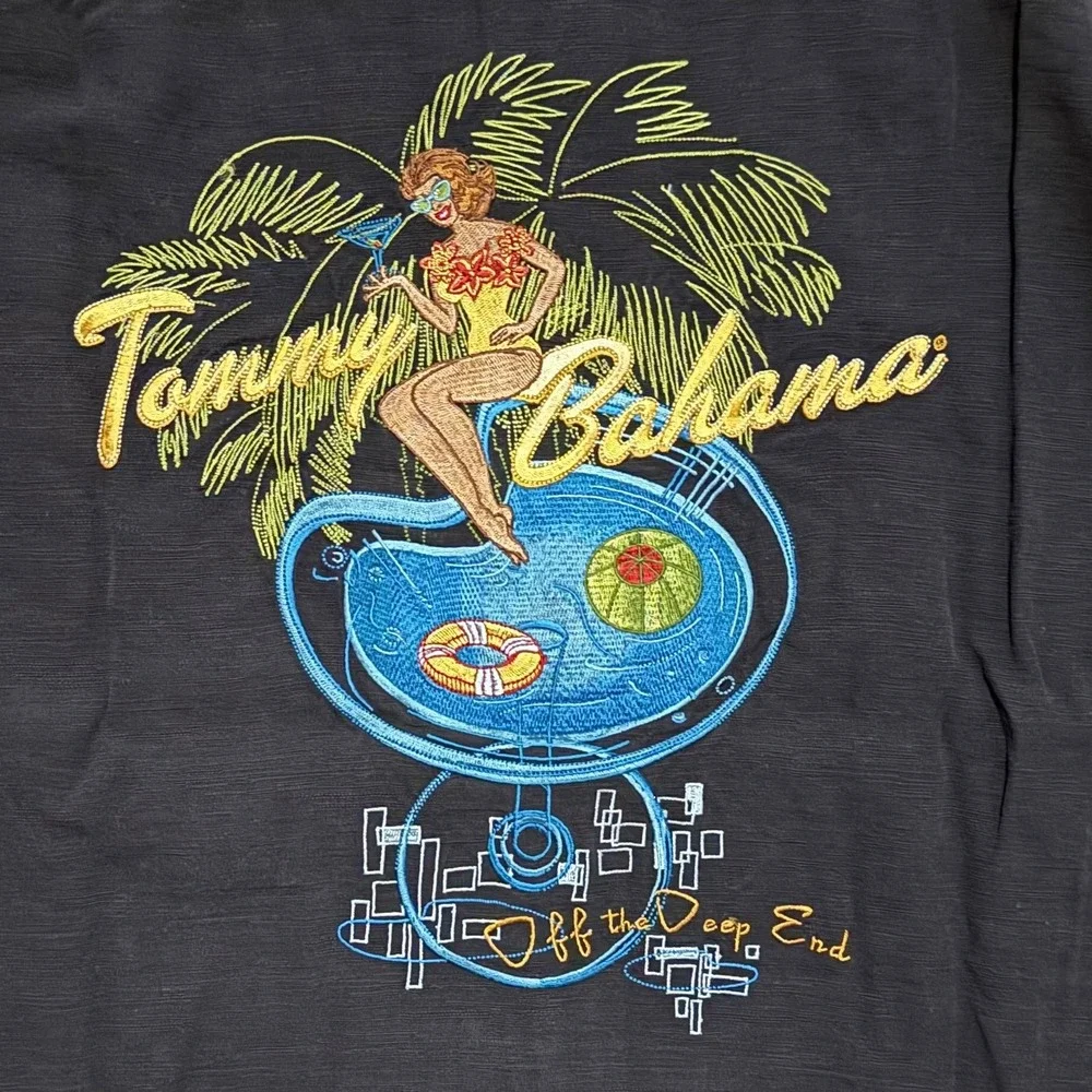 Tommy Bahama Men Large Silk Camp Shirt Black Off The Deep End Pin Up Embroidered - Picture 2 of 8